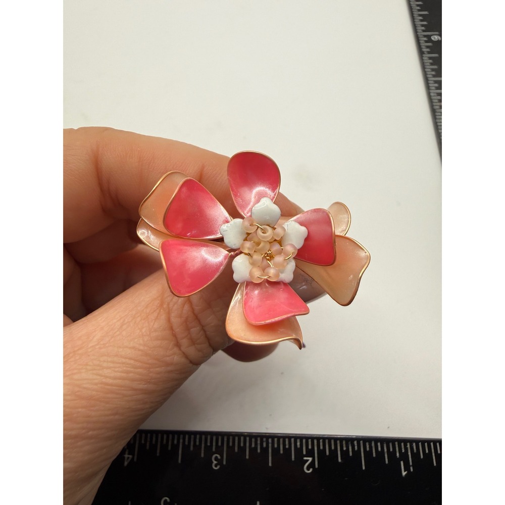 Pink Enamel Flower Statement Ring Gold Tone Adjustable Band Beaded Floral Center